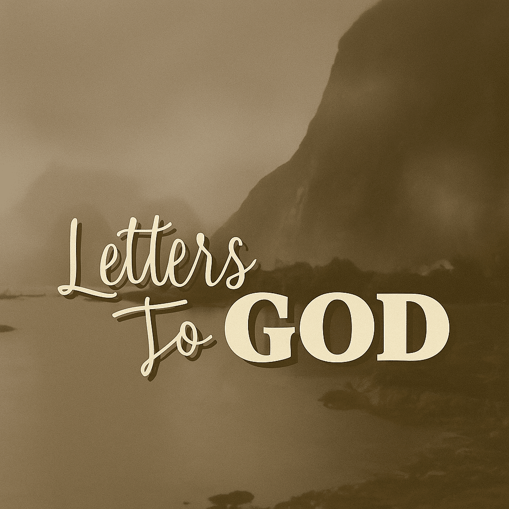 Book cover of Letters to God by Femi Fragile – sepia landscape with cursive title and misty mountains.